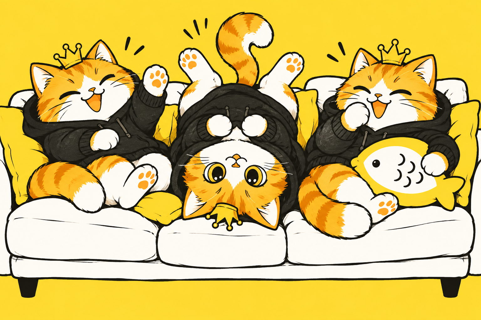 三只皇冠橘猫挤在沙发上,一只倒挂,身边是鱼抱枕