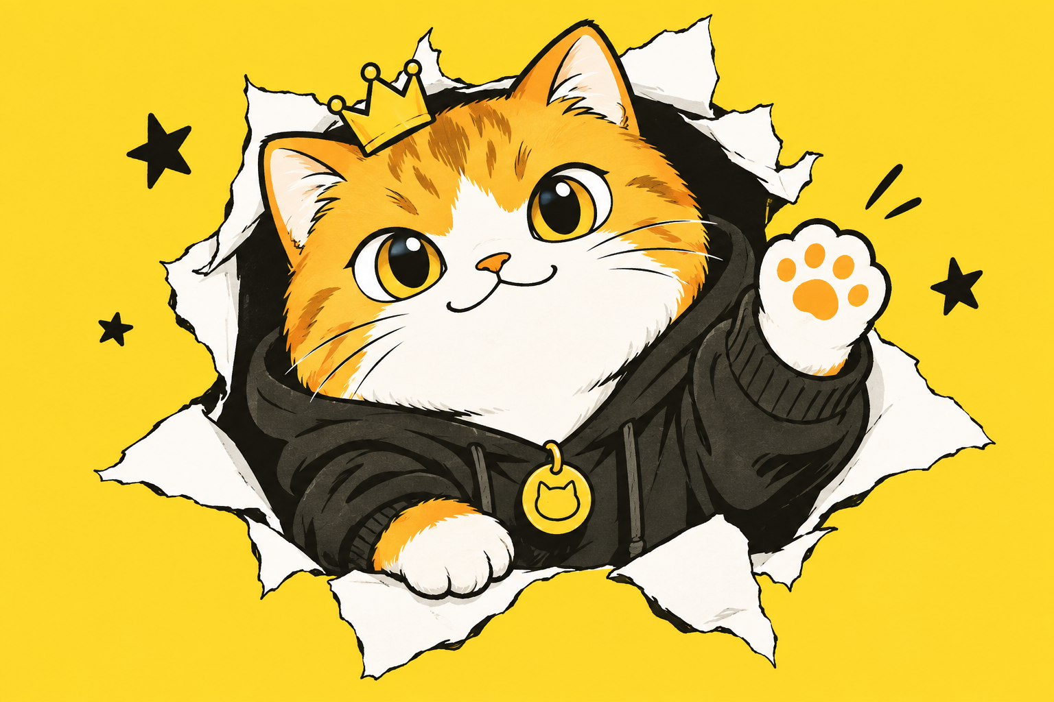 戴歪皇冠的橘猫从白色纸张后探出头,笑着挥爪